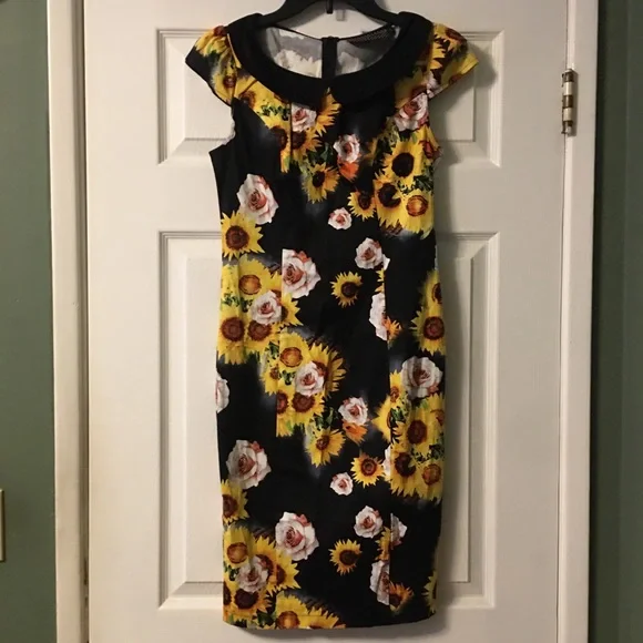 Voodoo Vixen Retro Sunflower Pencil Dress - Picture 5 of 14